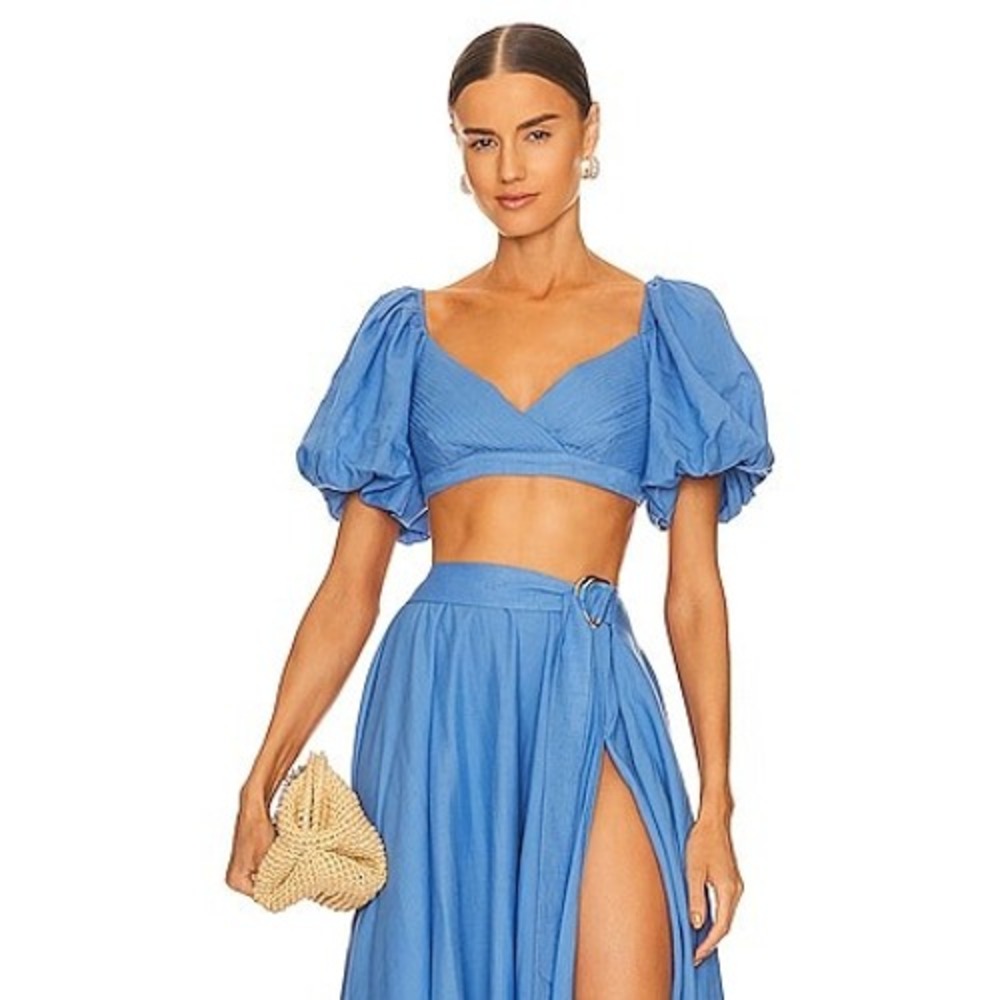 Sau Lee Lottie Top Cornflower Blue Linen Puff Sleeve Pleated Crop Top- Size 2